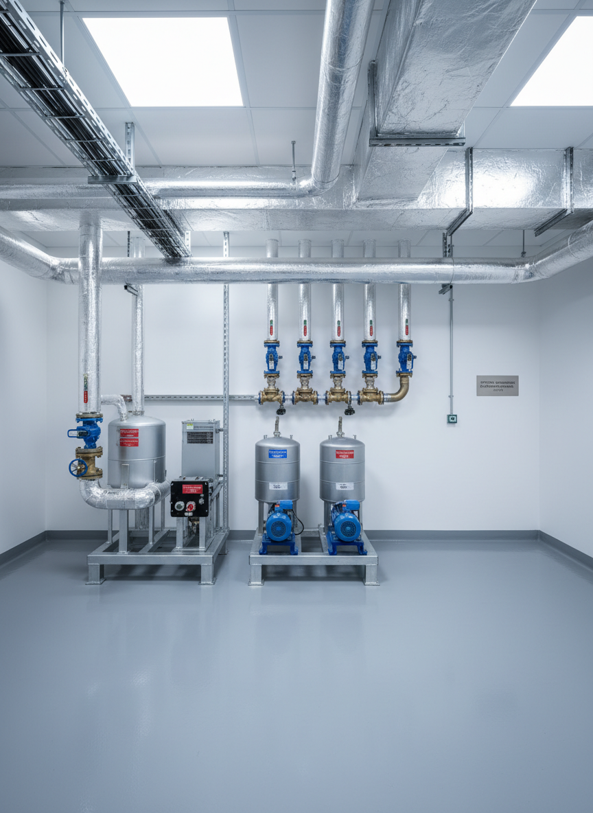 A clean, modern mechanical room after renovation, with freshly installed silver metallic piping, insulated ductwork with smooth foil-wrapped surfaces, and neatly labeled control valves mounted against a newly painted white wall. The floor is coated with a flawless, slightly glossy gray epoxy finish, reflecting subtle highlights from uniform LED ceiling fixtures that cast bright, neutral-white light without harsh contrast. Every element, from cable trays to equipment bases, is arranged with geometric precision. Photographed at eye level with a medium focal length, maintaining sharp focus across the scene, the image conveys reliability, order, and high technical standards. The realistic, photographic style and calm, controlled atmosphere underscore the professionalism of a full-service construction company specializing in system upgrades and renovation work.