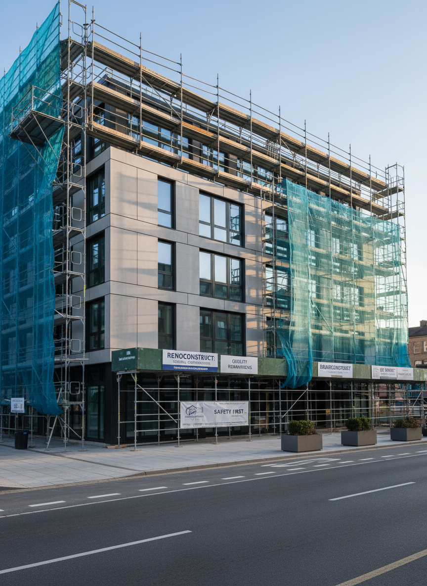 A meticulously maintained mid-rise office and residential building façade undergoing professional renovation, clad in pale gray concrete panels and dark metal window frames. Surrounding the structure is an orderly array of silver scaffolding with crisp blue safety netting and neatly aligned construction signage. The scene is set on a clean urban street with fresh road markings and well-kept sidewalks. Late afternoon natural light produces clear, realistic shadows and gentle highlights along edges, emphasizing precision and safety. Captured in photographic realism from a slightly elevated, wide-angle view, the entire building is sharp and in focus, conveying a trustworthy, comprehensive general construction company specializing in high-quality renovation work.