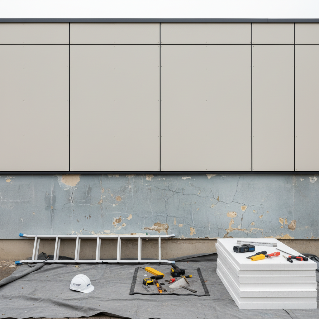 A close-up, photographic view of a building’s exterior wall mid-renovation, showing a clear contrast between the older, weathered surface and newly installed, pristine cladding panels. The new section features smooth, light-beige panels and carefully sealed joints, while the adjacent old area shows faded paint and minor cracking in the texture. A clean aluminum ladder, neatly stacked insulation boards, and organized tools rest on a protective ground sheet below. Soft, diffused overcast daylight eliminates harsh shadows, highlighting material textures and professional workmanship. Shot straight-on with moderate depth of field, the image feels precise, technical, and professional, illustrating the transformation power of comprehensive refurbishment work by a full-service building contractor.