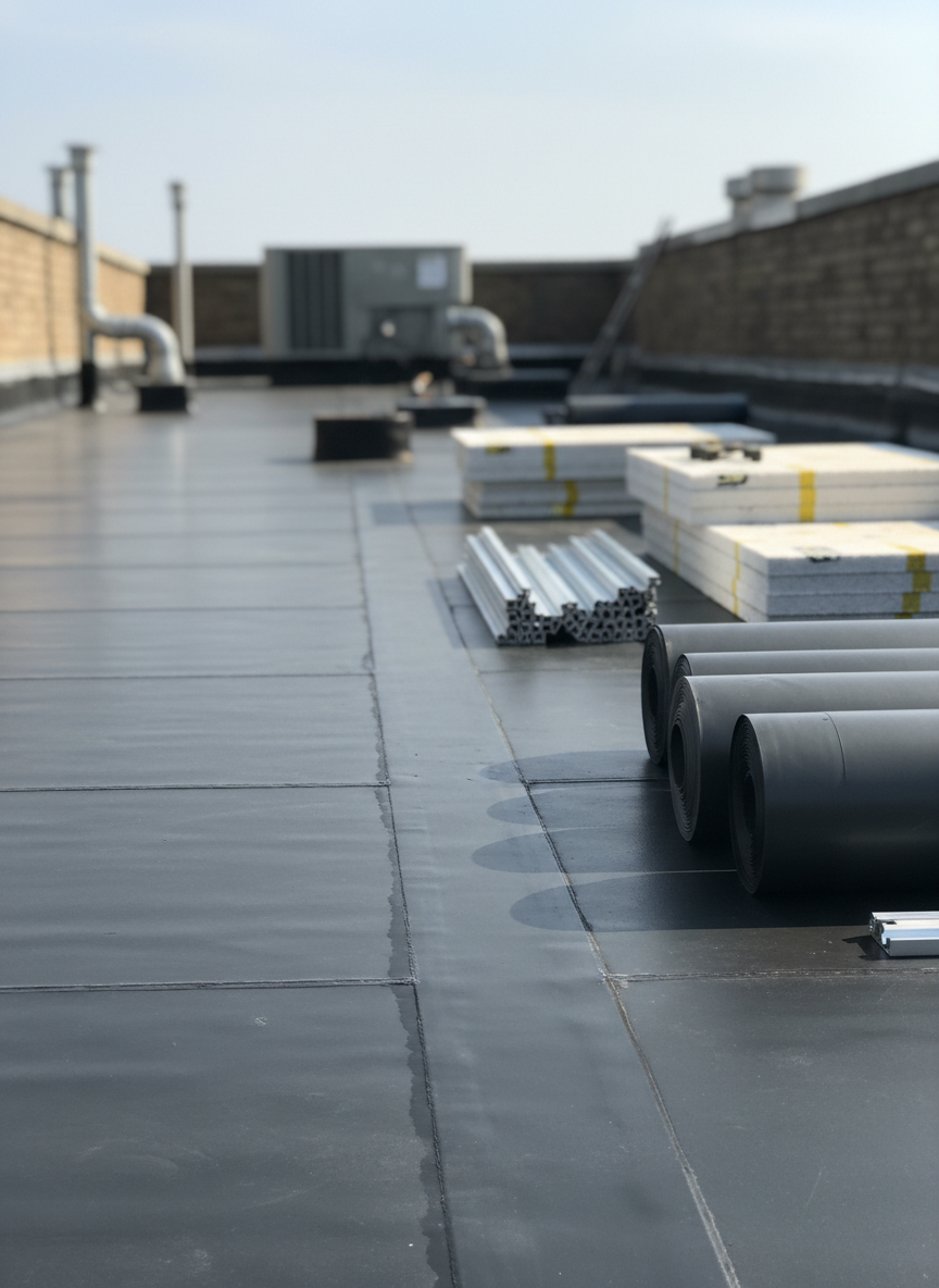 A detailed, photographic close-up of a building’s rooftop waterproofing renovation, featuring a smooth, newly applied dark gray membrane with clean welded seams running in straight lines. Nearby, neatly arranged rolls of unused membrane, metal edge flashings, and precision-cut insulation boards rest on the roof’s surface. In the distance, low mechanical units and parapet walls appear in gentle blur, ensuring focus remains on the refined craftsmanship. Bright but soft midday light from a clear sky creates subtle reflections on the membrane and crisp, technical shadows along edges. Captured from a low, side angle with shallow depth of field, the mood is exacting and methodical, emphasizing specialized repair and protection work as part of comprehensive building refurbishment.