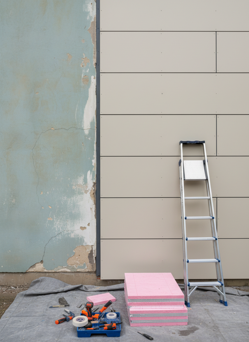 A close-up, photographic view of a building’s exterior wall mid-renovation, showing a clear contrast between the older, weathered surface and newly installed, pristine cladding panels. The new section features smooth, light-beige panels and carefully sealed joints, while the adjacent old area shows faded paint and minor cracking in the texture. A clean aluminum ladder, neatly stacked insulation boards, and organized tools rest on a protective ground sheet below. Soft, diffused overcast daylight eliminates harsh shadows, highlighting material textures and professional workmanship. Shot straight-on with moderate depth of field, the image feels precise, technical, and professional, illustrating the transformation power of comprehensive refurbishment work by a full-service building contractor.