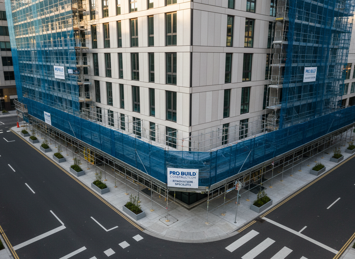 A meticulously maintained mid-rise office and residential building façade undergoing professional renovation, clad in pale gray concrete panels and dark metal window frames. Surrounding the structure is an orderly array of silver scaffolding with crisp blue safety netting and neatly aligned construction signage. The scene is set on a clean urban street with fresh road markings and well-kept sidewalks. Late afternoon natural light produces clear, realistic shadows and gentle highlights along edges, emphasizing precision and safety. Captured in photographic realism from a slightly elevated, wide-angle view, the entire building is sharp and in focus, conveying a trustworthy, comprehensive general construction company specializing in high-quality renovation work.