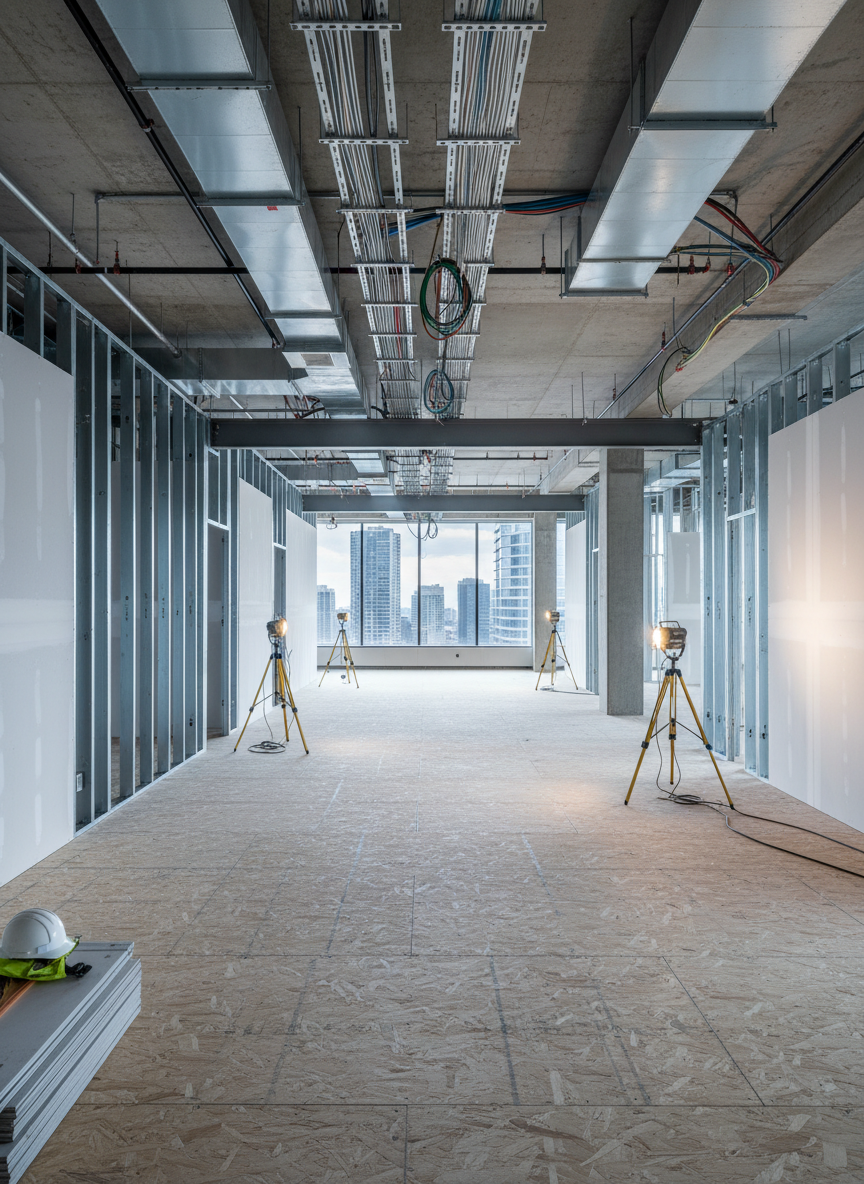 An expansive interior renovation scene of a commercial floor plate in a mid-construction state, with newly installed steel framing, clean gypsum board partitions, and exposed yet orderly ceiling ducts and conduits. Freshly laid subfloor panels stretch toward large windows that reveal a bright, modern cityscape beyond. Cool, even daylight enters from the windows, supplemented by temporary work lights casting soft, practical glows. The camera is positioned at eye level with a wide-angle lens, keeping everything in crisp focus to emphasize scale, structure, and planning. The atmosphere is professional and forward-looking, highlighting systematic progress in full-building refurbishment by an experienced general contractor, rendered in realistic, high-resolution photographic style.