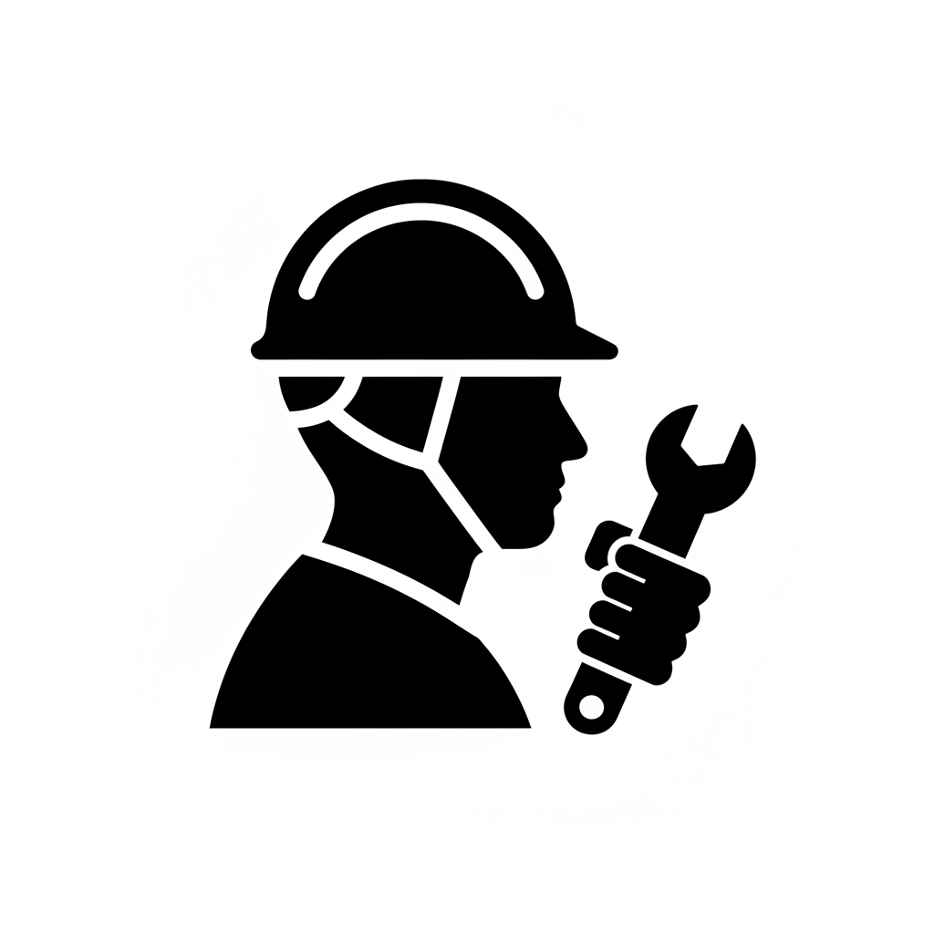 Silhouette of a person wearing a hard hat and holding a wrench.