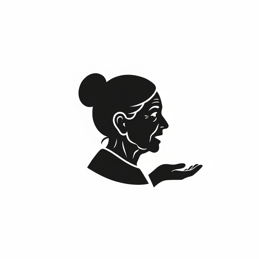 Black silhouette of a head in profile within a circular border.